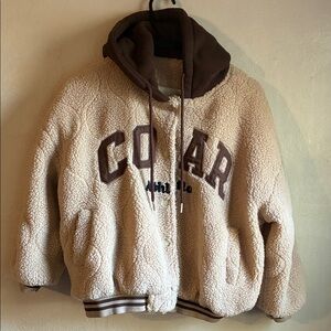 Urban Revivo slogan graphic teddy bomber jacket in brown